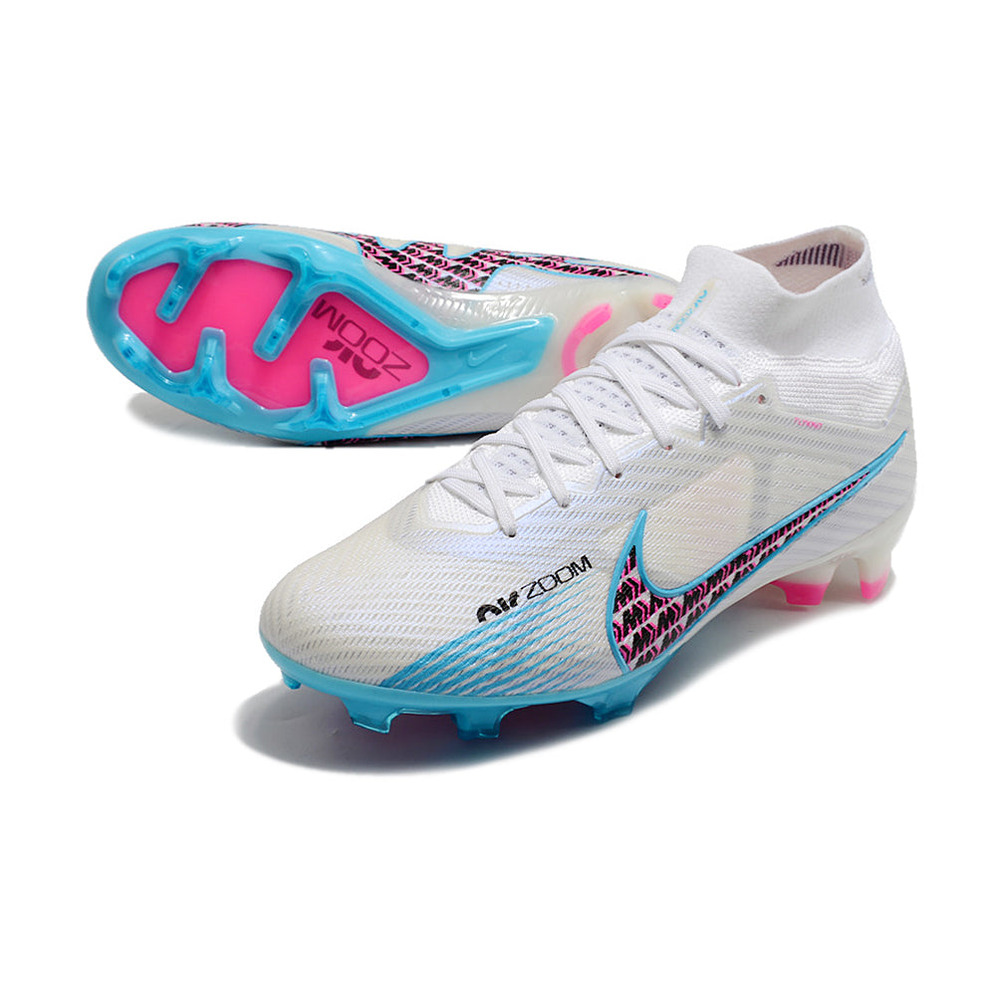 Chuteira Infantil Campo Nike Air Zoom Mercurial Superfly 9 Elite FG Branca e Azul 