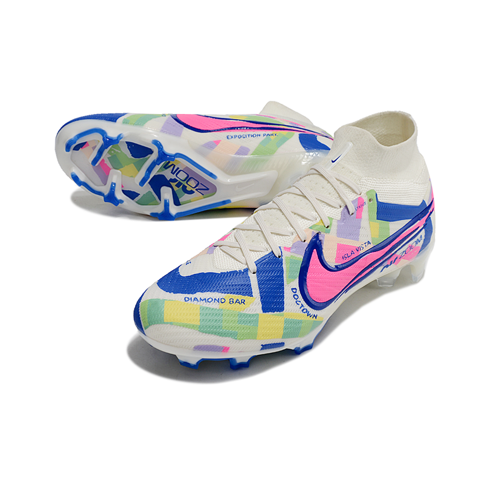 Chuteira Infantil Campo Nike Air Zoom Mercurial Superfly 9 Elite FG Branca, Azul e Rosa 