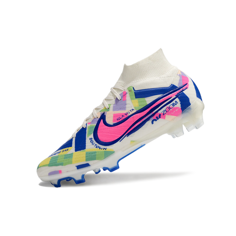 Chuteira Infantil Campo Nike Air Zoom Mercurial Superfly 9 Elite FG Branca, Azul e Rosa 