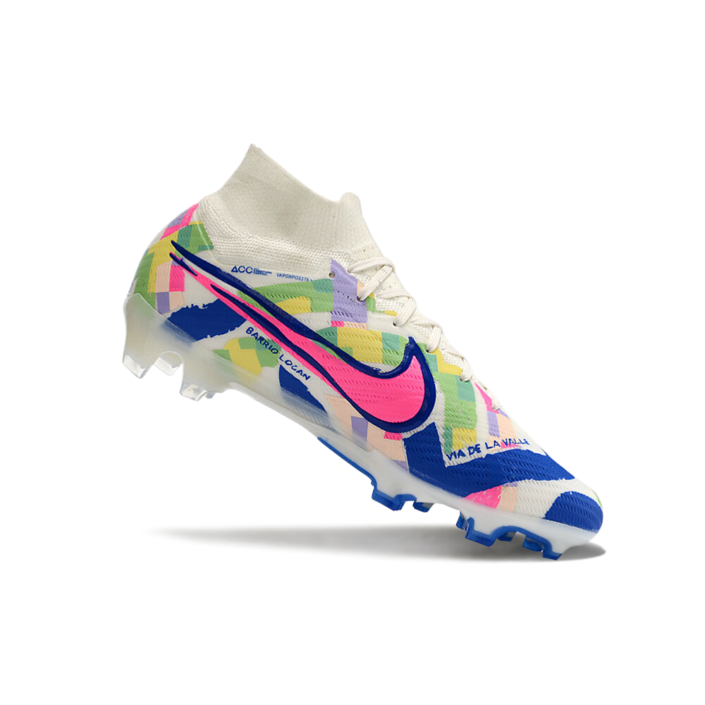 Chuteira Infantil Campo Nike Air Zoom Mercurial Superfly 9 Elite FG Branca, Azul e Rosa 