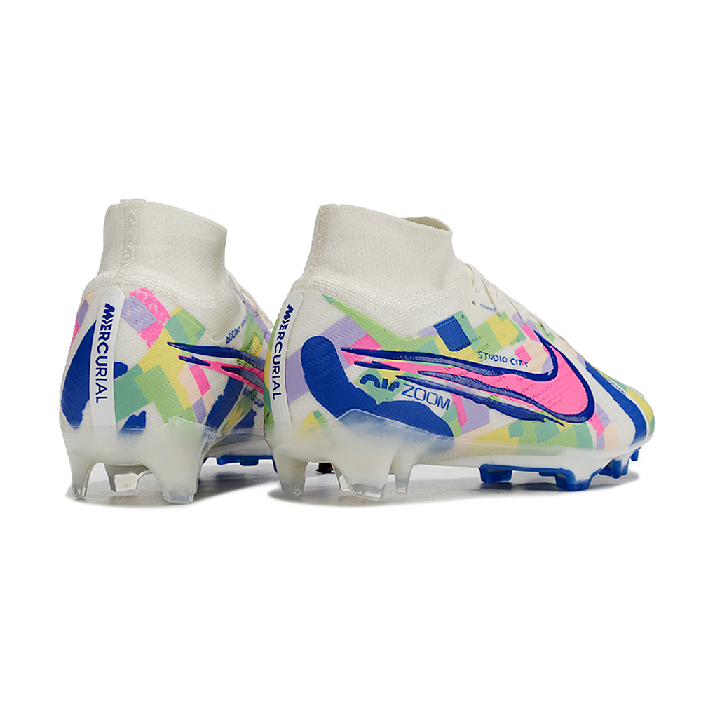 Chuteira Infantil Campo Nike Air Zoom Mercurial Superfly 9 Elite FG Branca, Azul e Rosa 