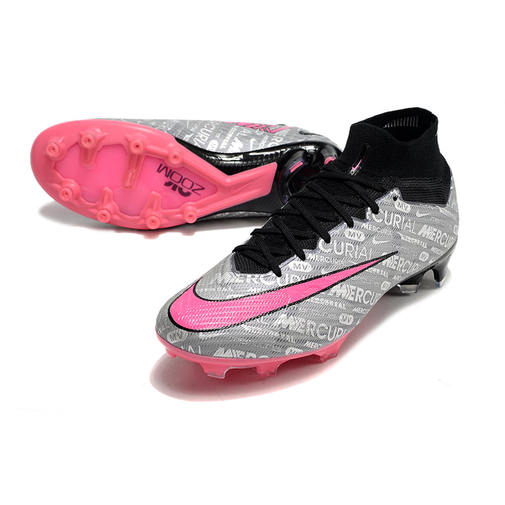 Chuteira Infantil Campo Nike Air Zoom Mercurial Superfly 9 Elite FG Prata e Rosa 