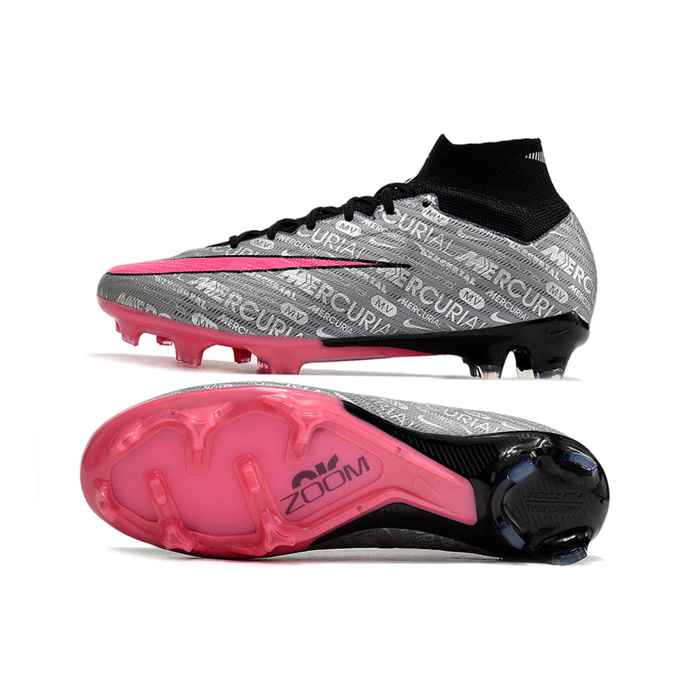 Chuteira Infantil Campo Nike Air Zoom Mercurial Superfly 9 Elite FG Prata e Rosa 