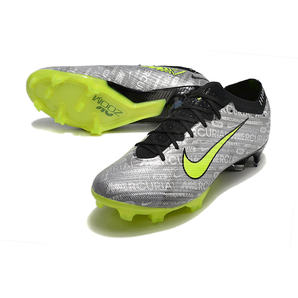 Chuteira Infantil Campo Nike Air Zoom Mercurial Vapor 15 Elite FG Prata e Verde 