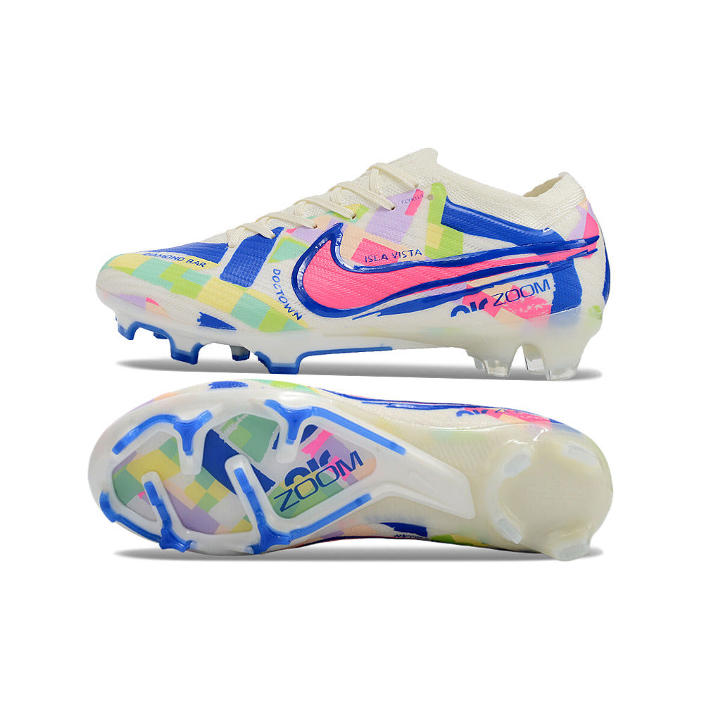 Chuteira Infantil Campo Nike Air Zoom Mercurial Vapor Elite FG Branca, Azul e Rosa 
