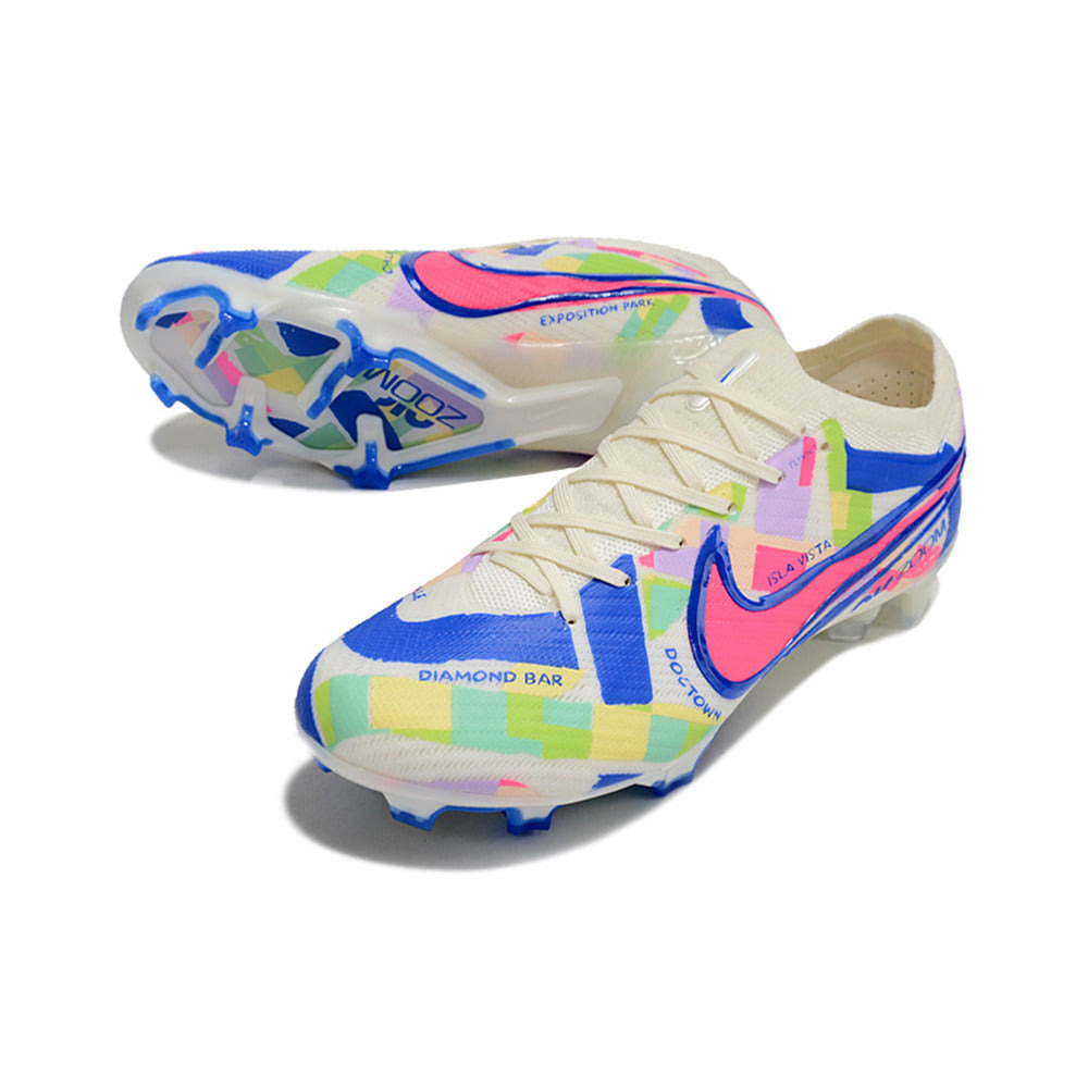 Chuteira Infantil Campo Nike Air Zoom Mercurial Vapor Elite FG Branca, Azul e Rosa 
