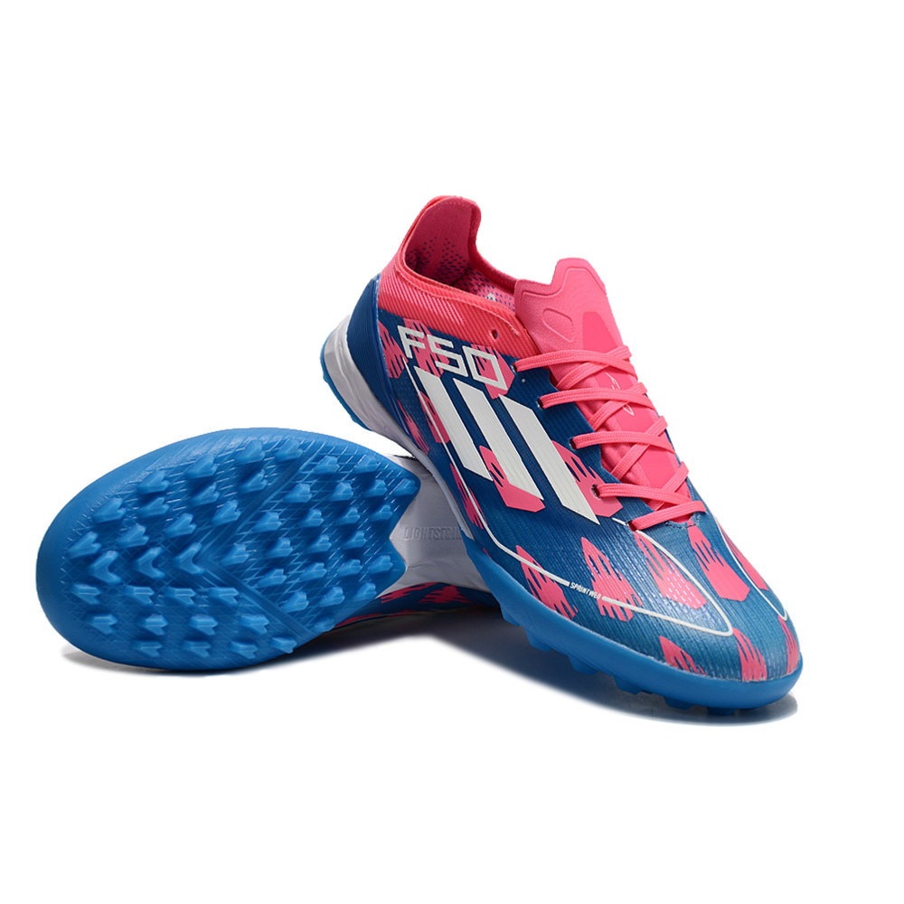 Chuteira Infantil Society Adidas F50 TF Azul e Rosa 