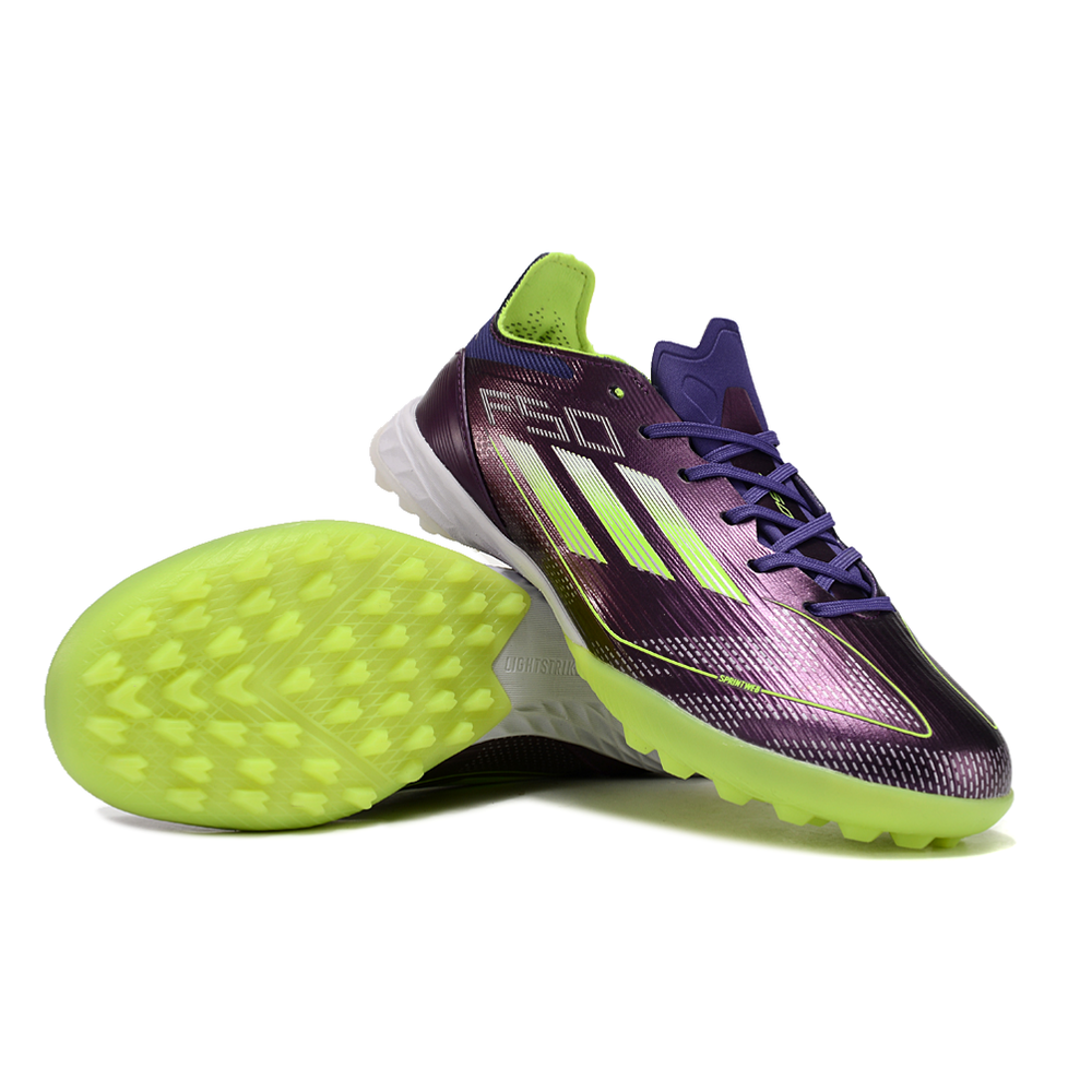 Chuteira Infantil Society Adidas F50 TF Roxa e Verde 