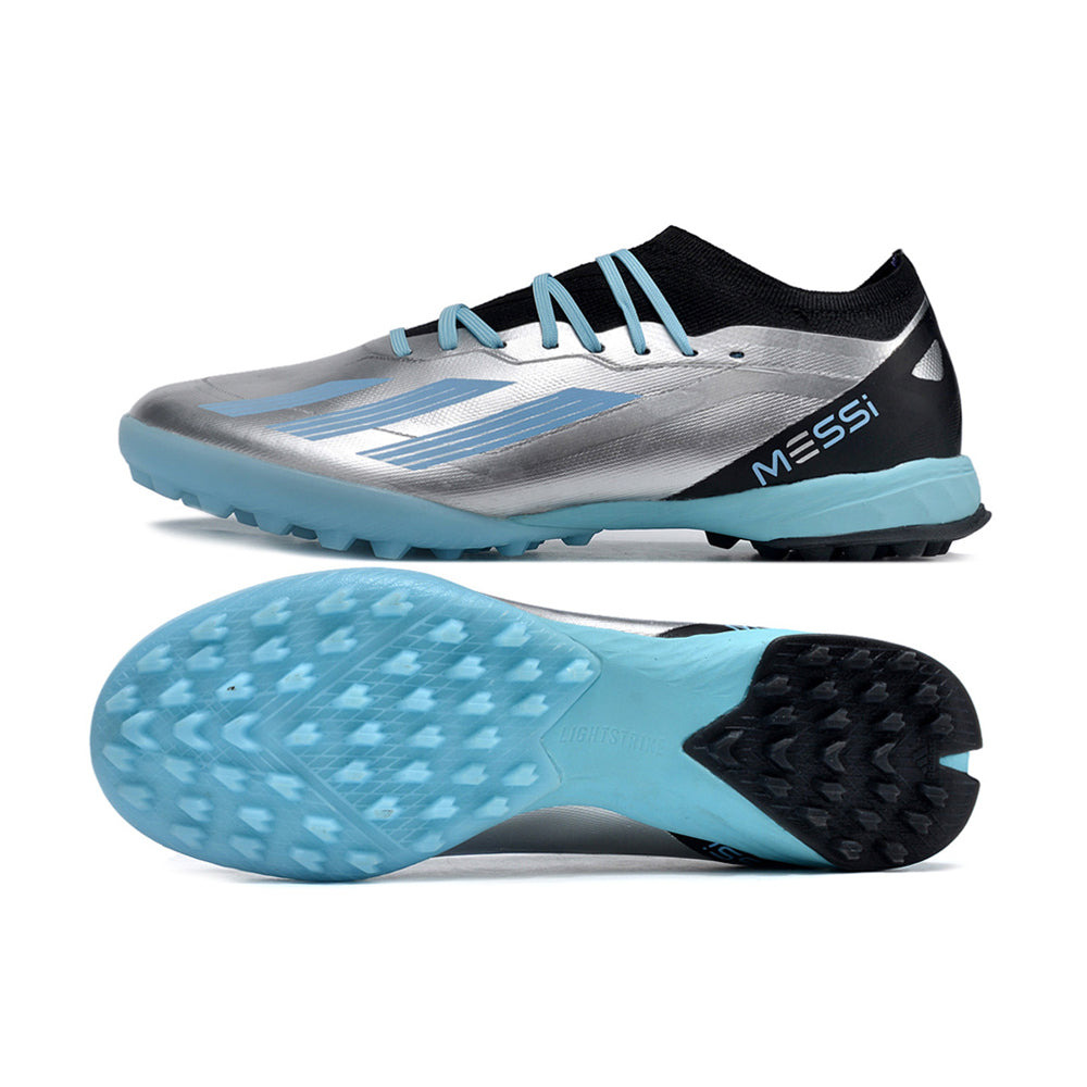 Chuteira Infantil Society Adidas X Crazyfast. Messi.1 TF Prata e Azul 