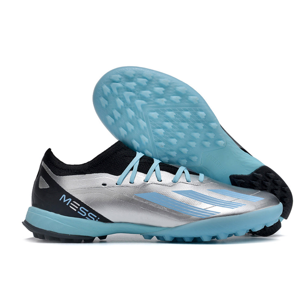 Chuteira Infantil Society Adidas X Crazyfast. Messi.1 TF Prata e Azul 