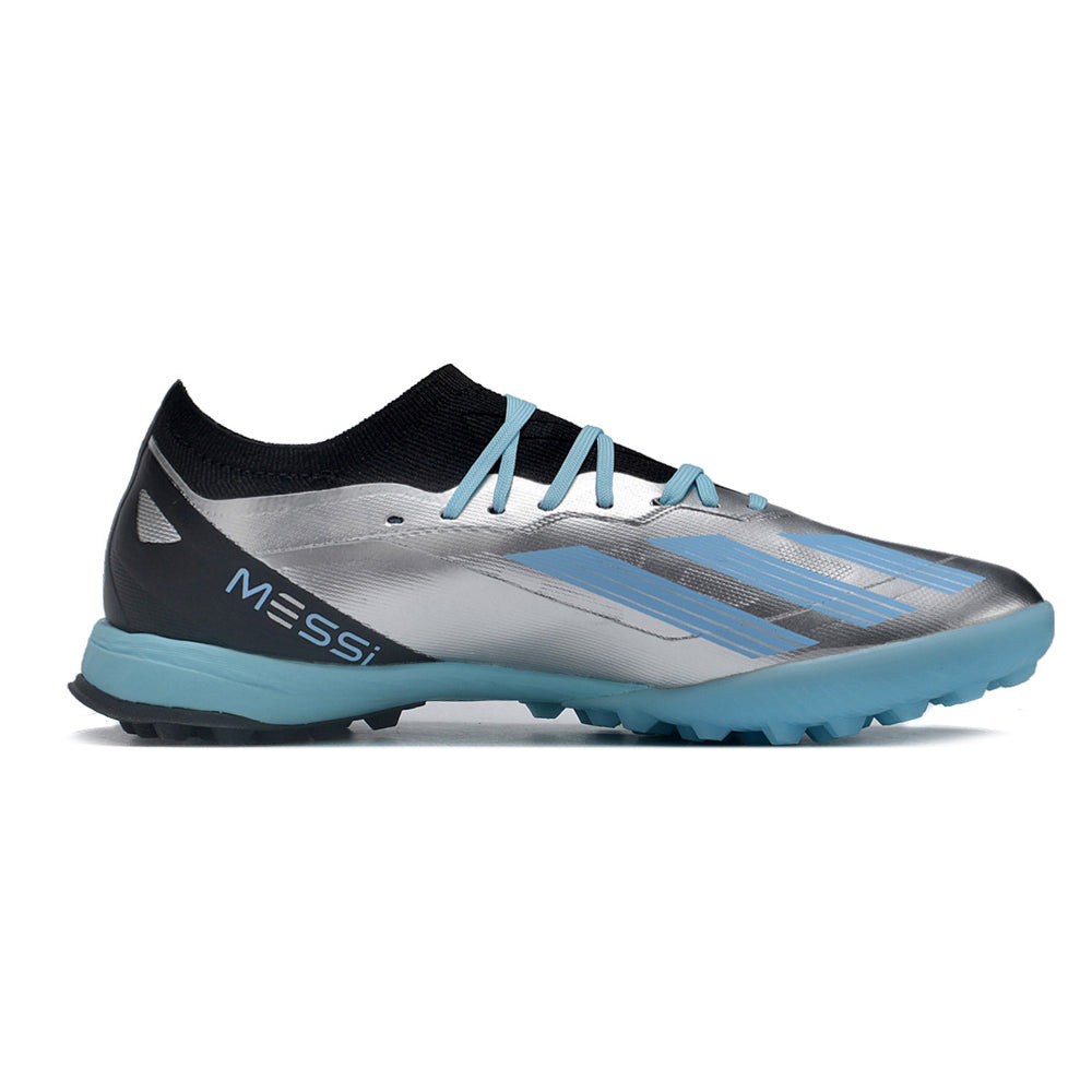 Chuteira Infantil Society Adidas X Crazyfast. Messi.1 TF Prata e Azul 