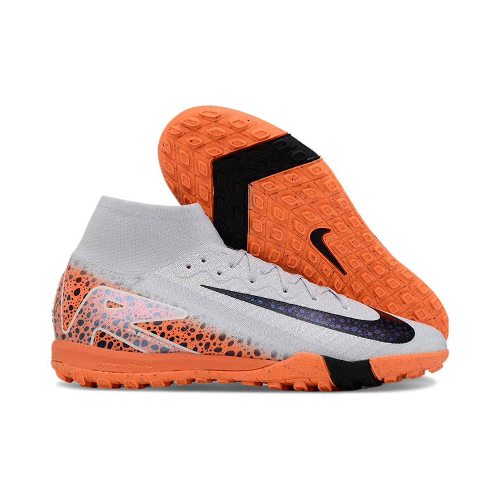 Chuteira Infantil Society Nike Air Zoom Mercurial Superfly 10 Elite TF Branca, Laranja e Preto 