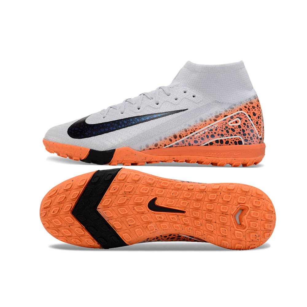 Chuteira Infantil Society Nike Air Zoom Mercurial Superfly 10 Elite TF Branca, Laranja e Preto 