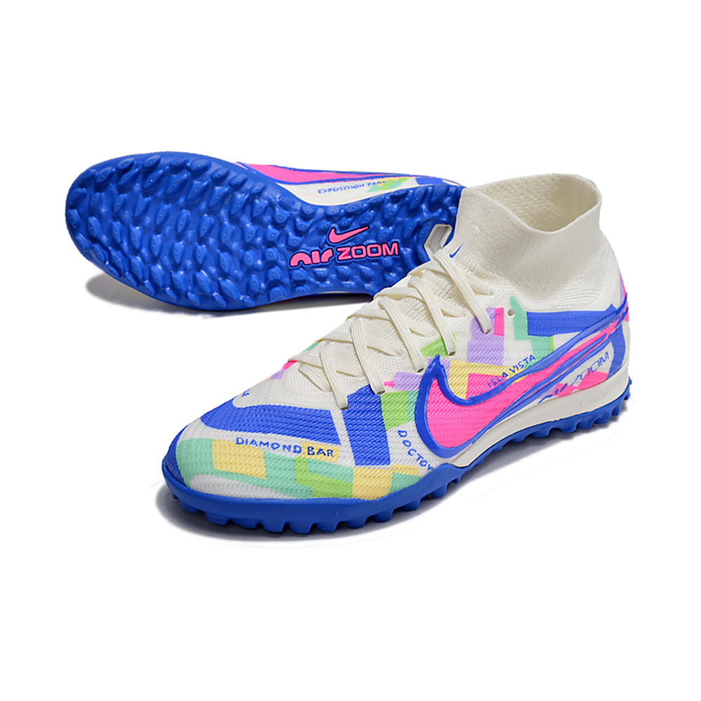Chuteira Infantil Society Nike Air Zoom Mercurial Superfly 9 Elite TF Branca, Azul e Rosa 