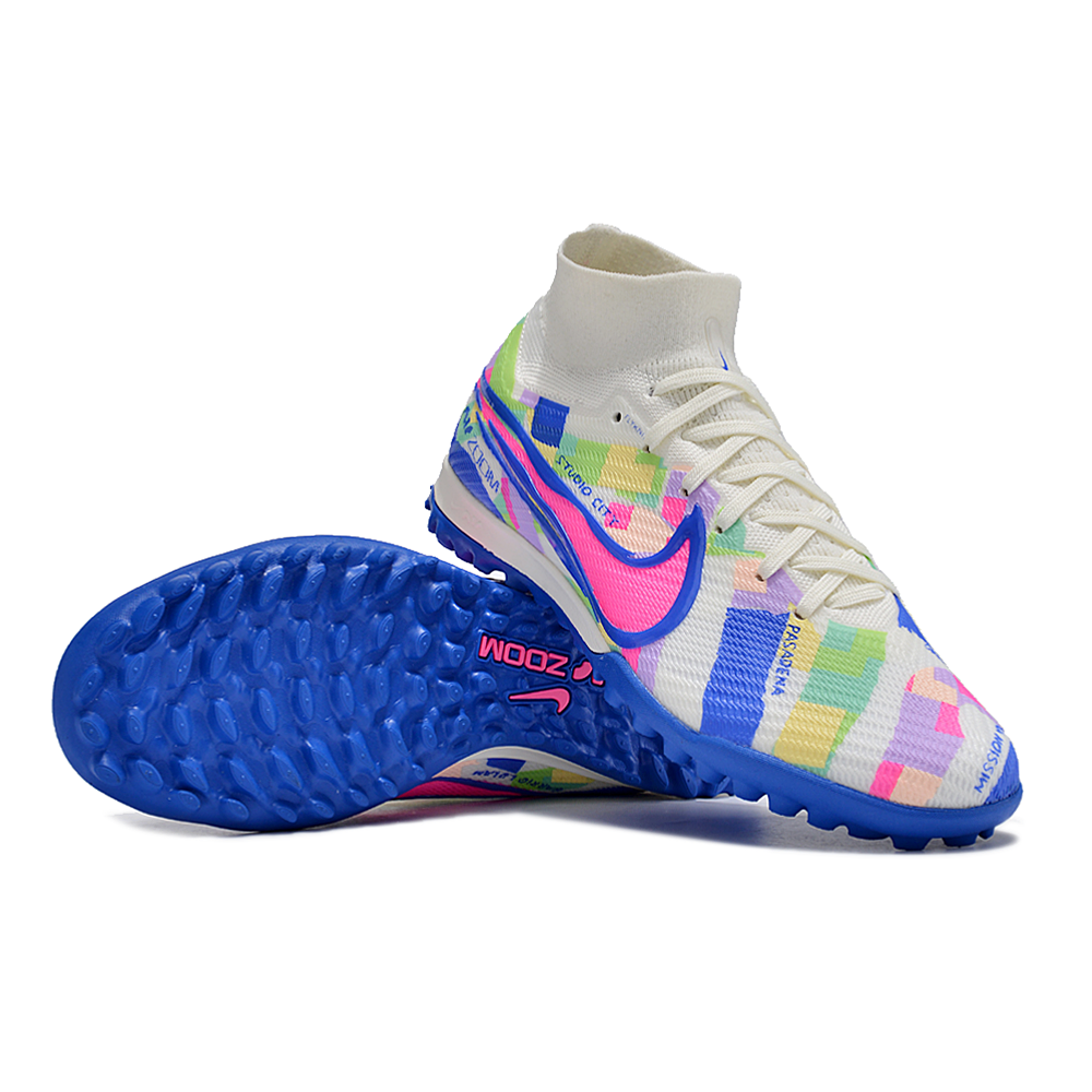 Chuteira Infantil Society Nike Air Zoom Mercurial Superfly 9 Elite TF Branca, Azul e Rosa 