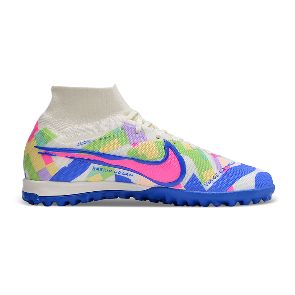 Chuteira Infantil Society Nike Air Zoom Mercurial Superfly 9 Elite TF Branca, Azul e Rosa 