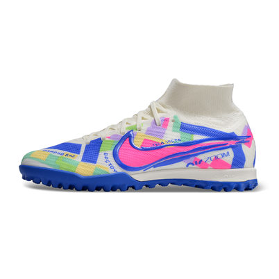 Chuteira Infantil Society Nike Air Zoom Mercurial Superfly 9 Elite TF Branca, Azul e Rosa 
