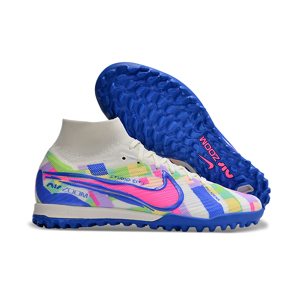 Chuteira Infantil Society Nike Air Zoom Mercurial Superfly 9 Elite TF Branca, Azul e Rosa 