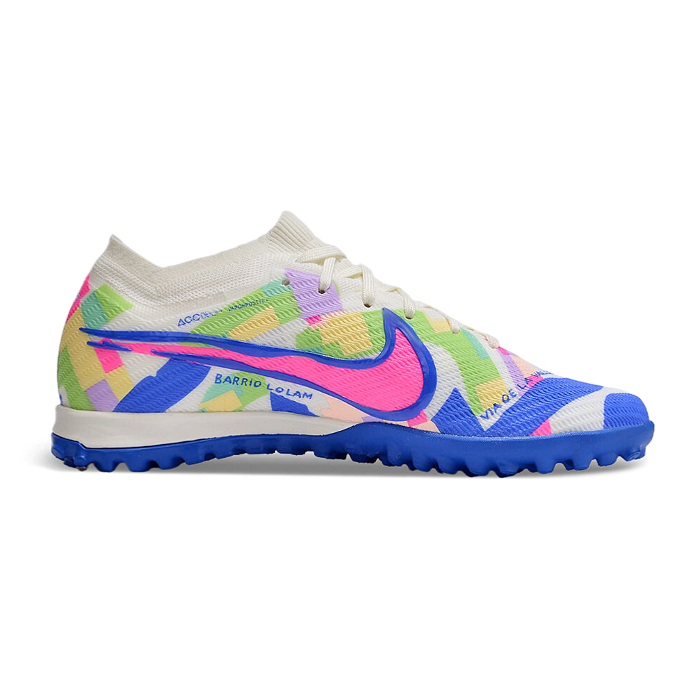 Chuteira Infantil Society Nike Air Zoom Mercurial Vapor 15 Elite TF Branca, Azul e Rosa 
