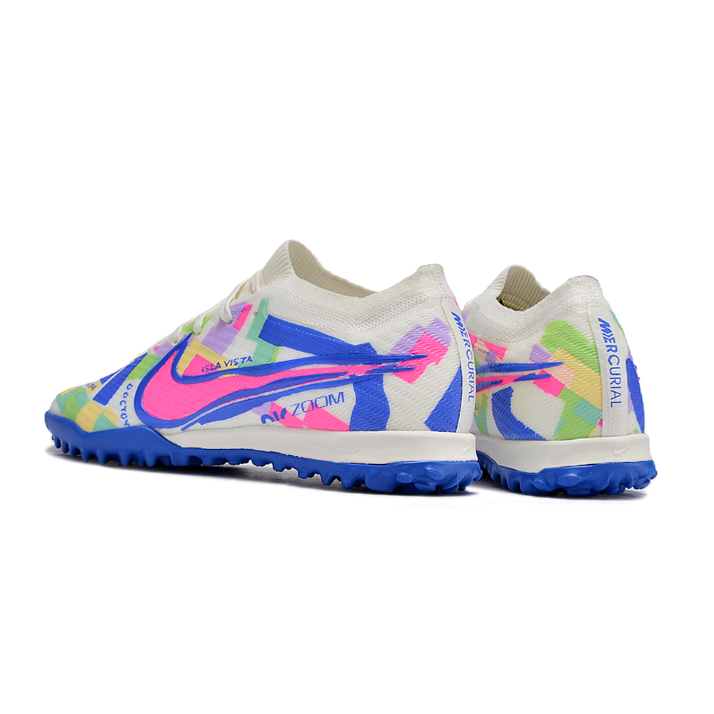 Chuteira Infantil Society Nike Air Zoom Mercurial Vapor 15 Elite TF Branca, Azul e Rosa 