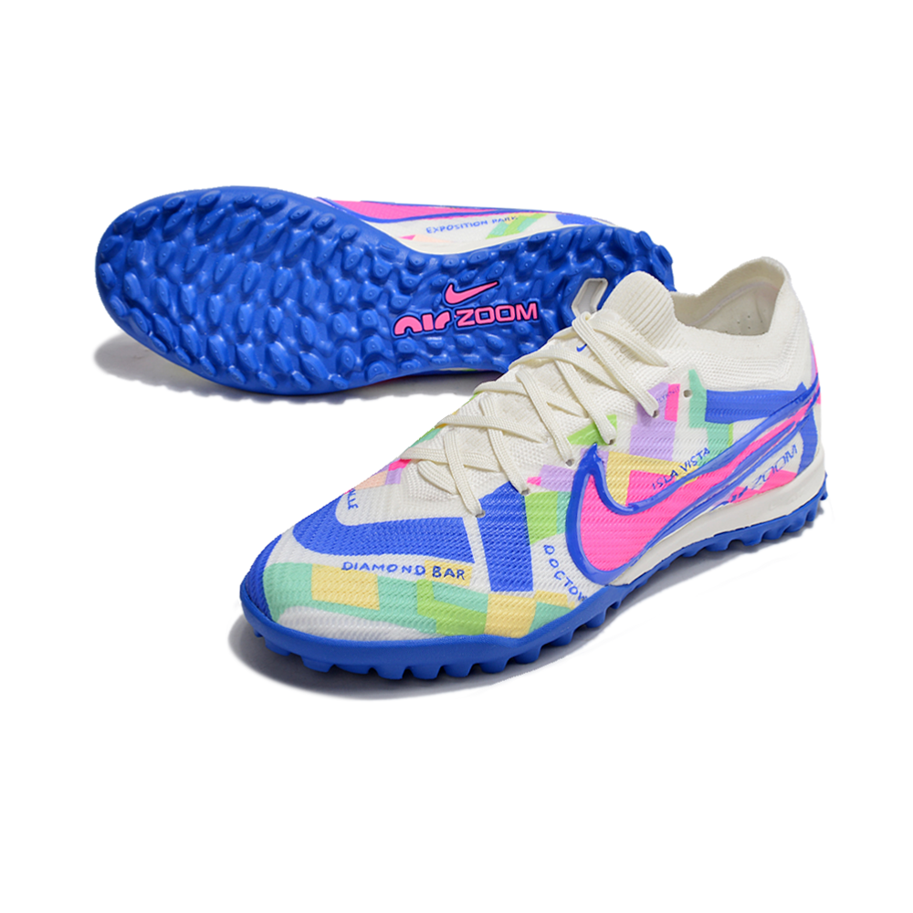 Chuteira Infantil Society Nike Air Zoom Mercurial Vapor 15 Elite TF Branca, Azul e Rosa 