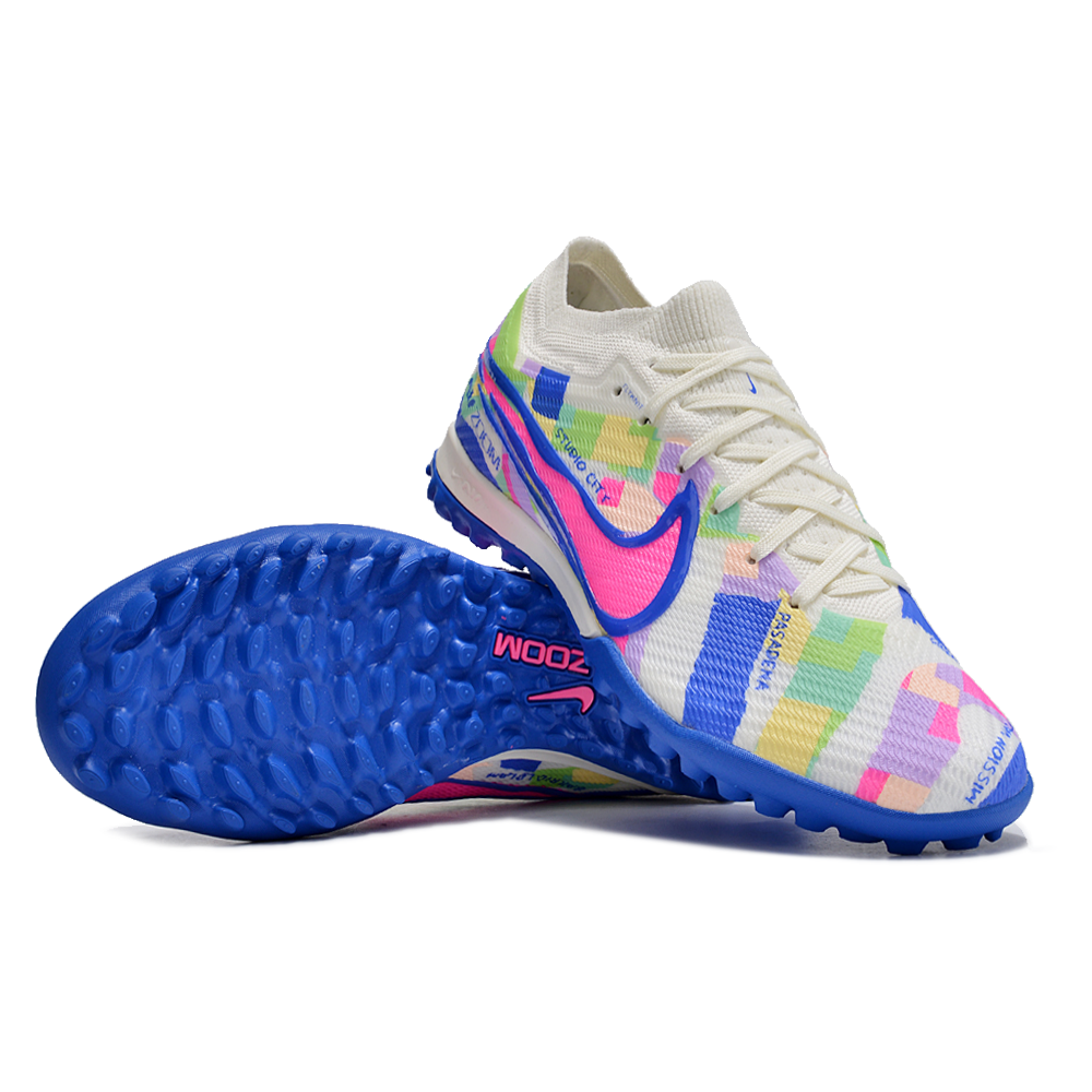 Chuteira Infantil Society Nike Air Zoom Mercurial Vapor 15 Elite TF Branca, Azul e Rosa 