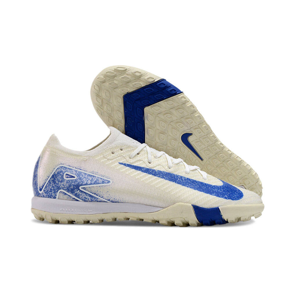Chuteira Infantil Society Nike Air Zoom Mercurial Vapor 16 Elite TF Branca e Azul 