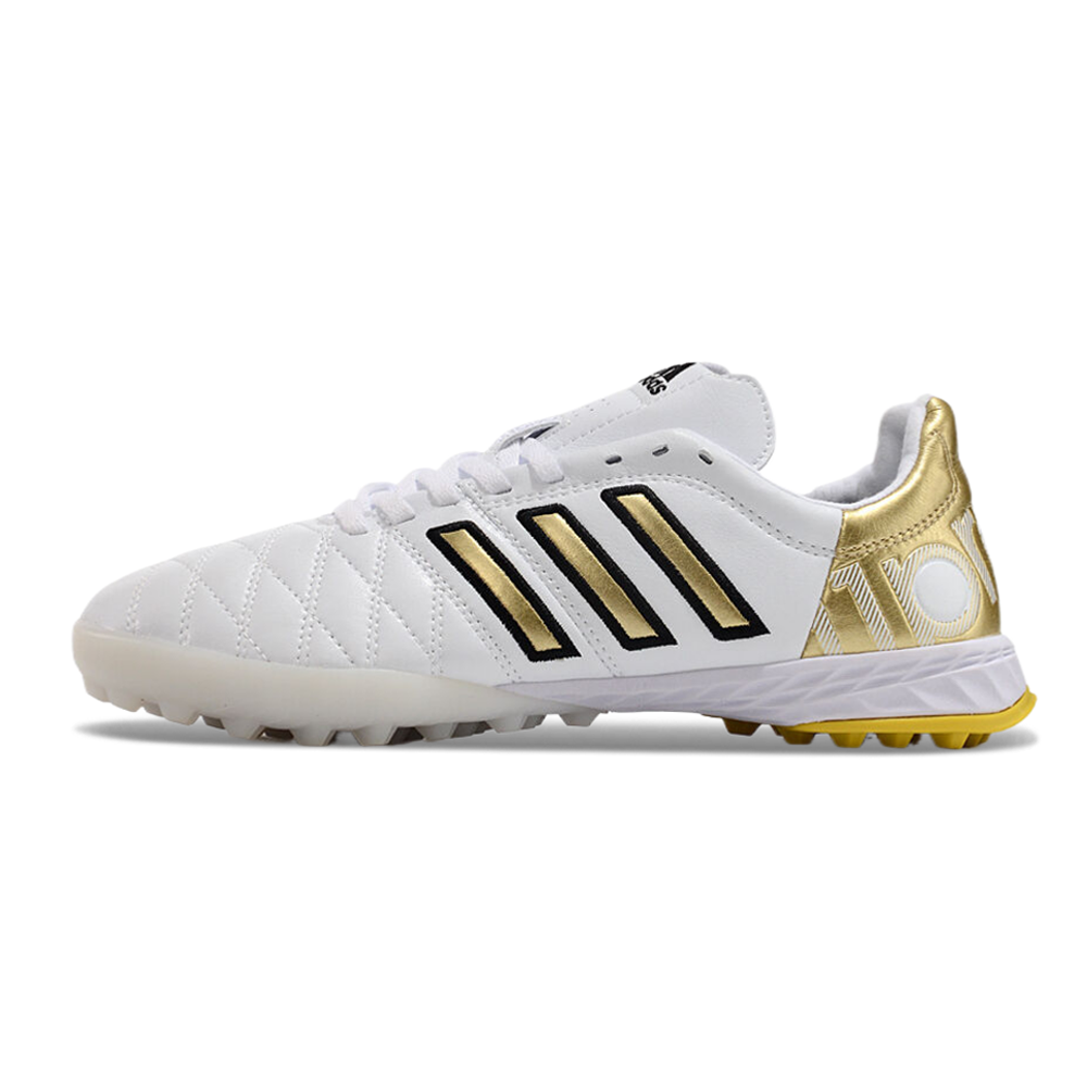 Chuteira Society Adidas AdiPure 11 Pro TF Branca e Dourada 