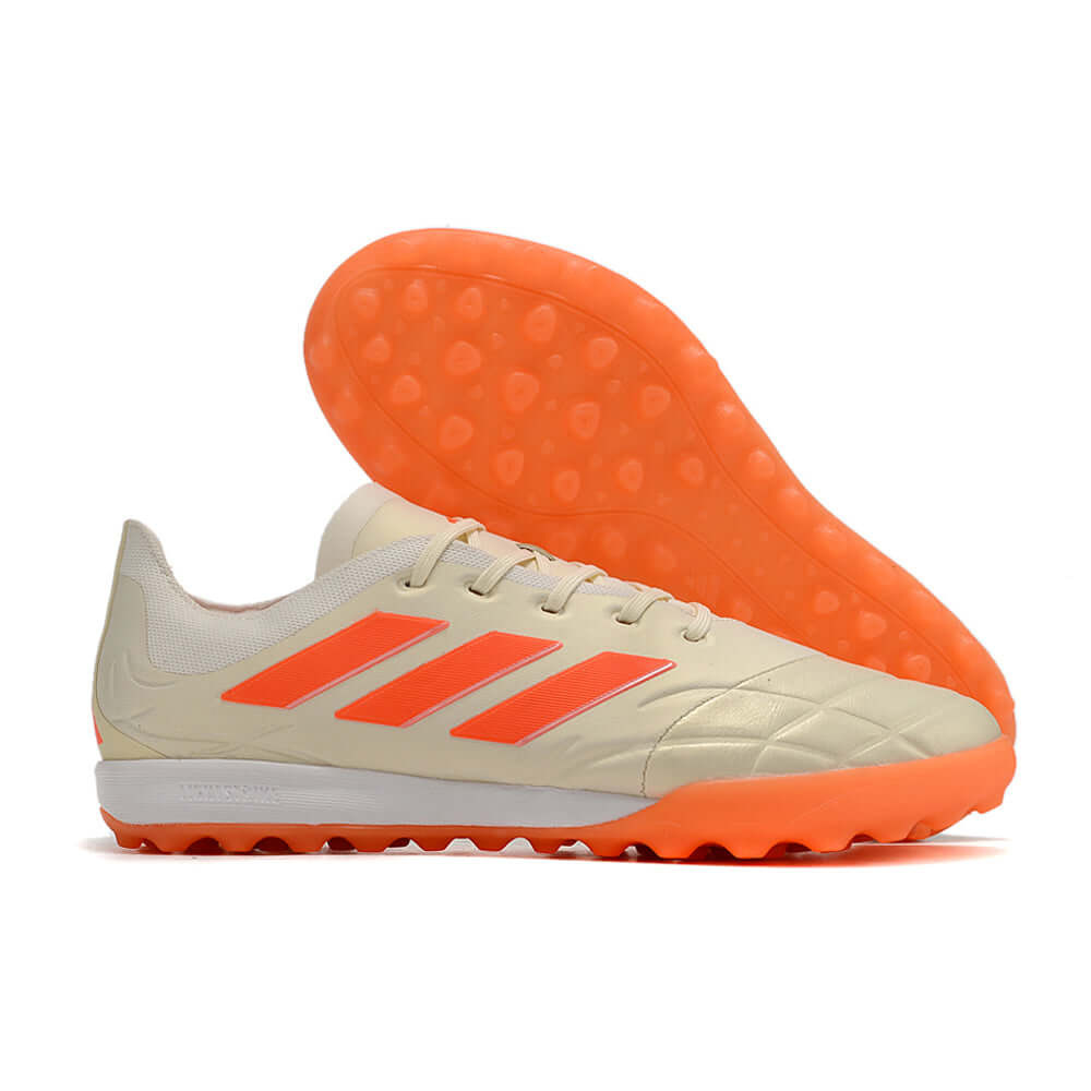 Chuteira Society Adidas Copa Pure.1 TF Bege e Laranja 