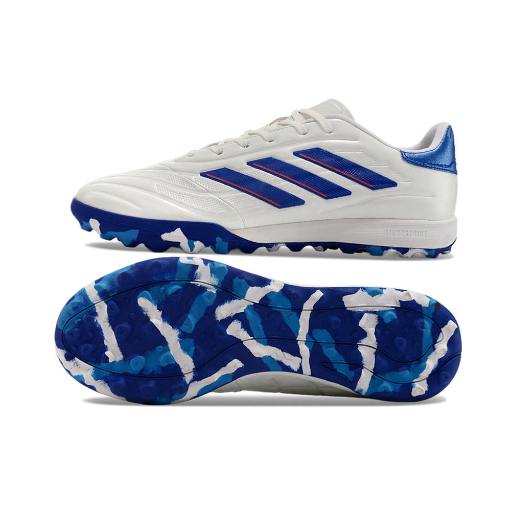 Chuteira Society Adidas Copa Pure.1 TF Branca, Azul e Vermelha 