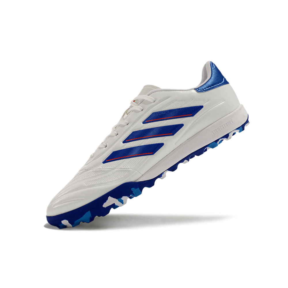 Chuteira Society Adidas Copa Pure.1 TF Branca, Azul e Vermelha 