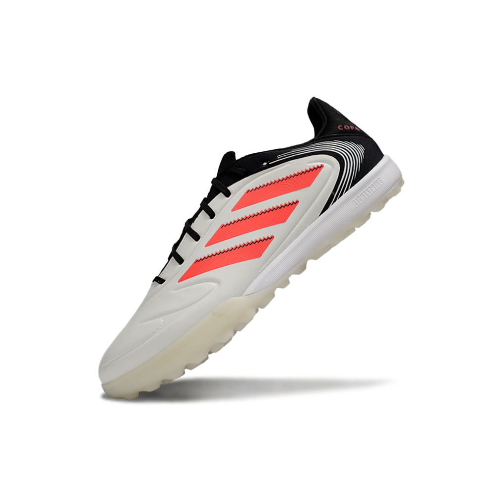 Chuteira Society Adidas Copa Pure.1 TF Branca, Preta e Laranja