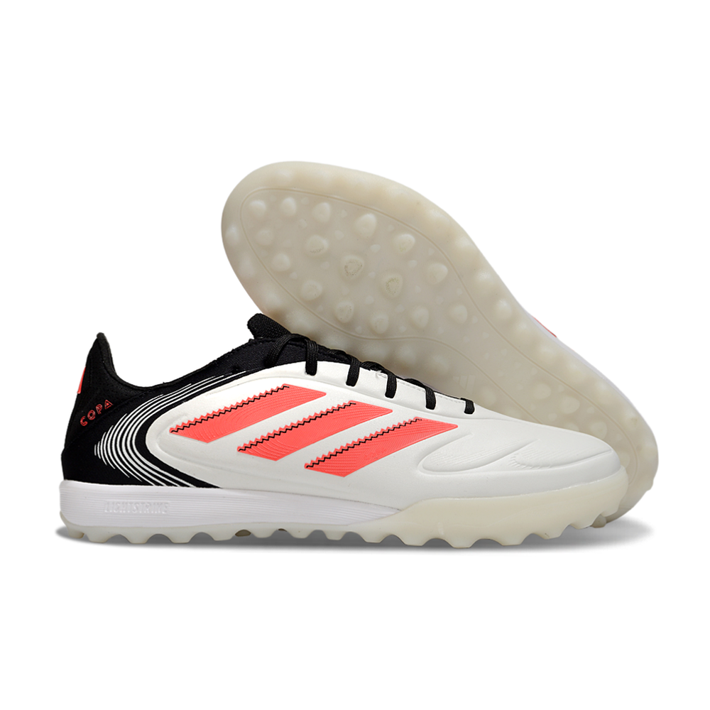 Chuteira Society Adidas Copa Pure.1 TF Branca, Preta e Laranja