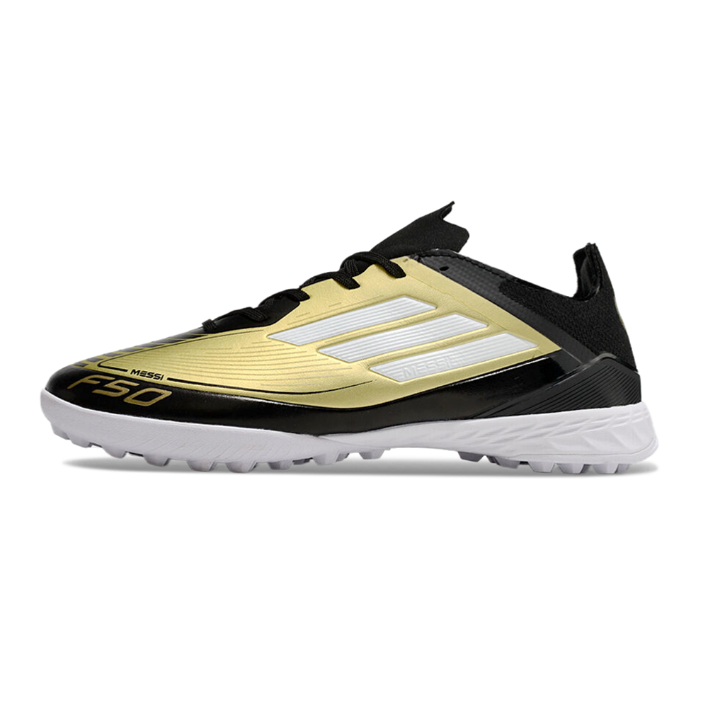 Chuteira Society Adidas F50 Messi TF Preto e Dourado 