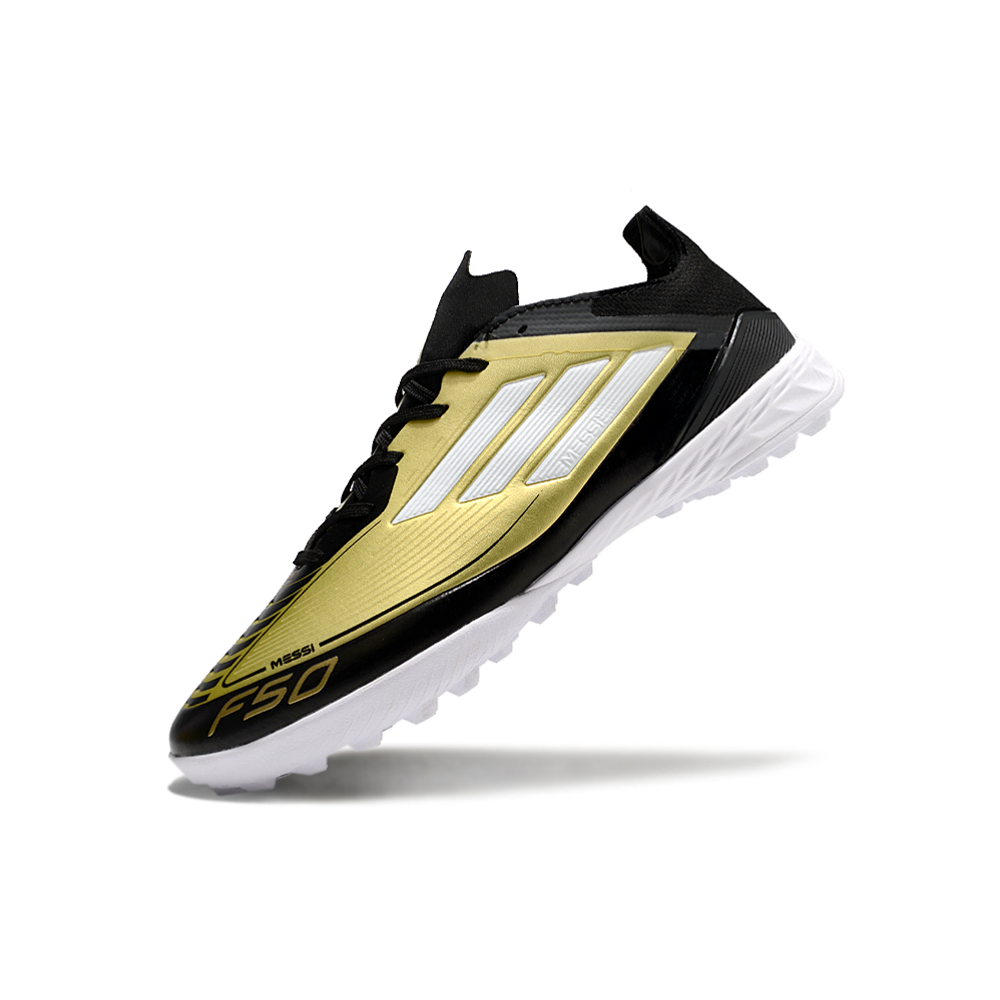 Chuteira Society Adidas F50 Messi TF Preto e Dourado 