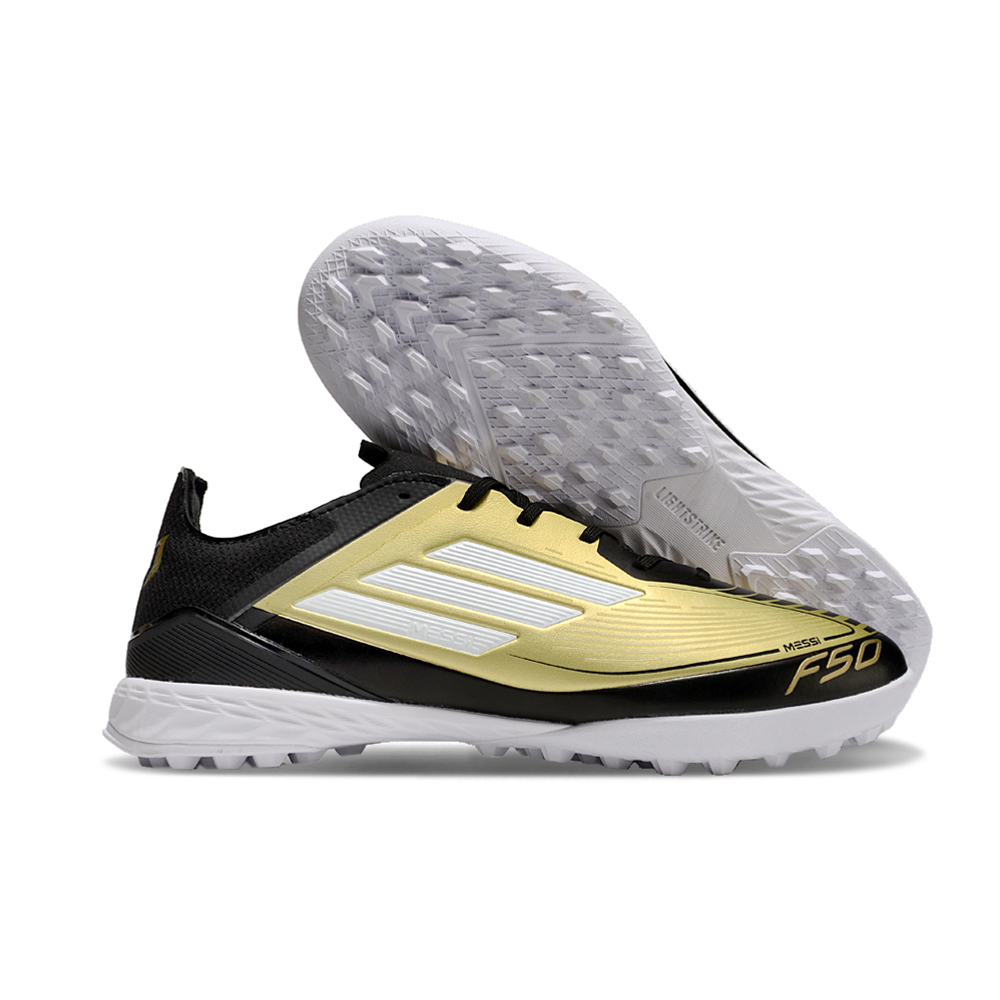 Chuteira Society Adidas F50 Messi TF Preto e Dourado 