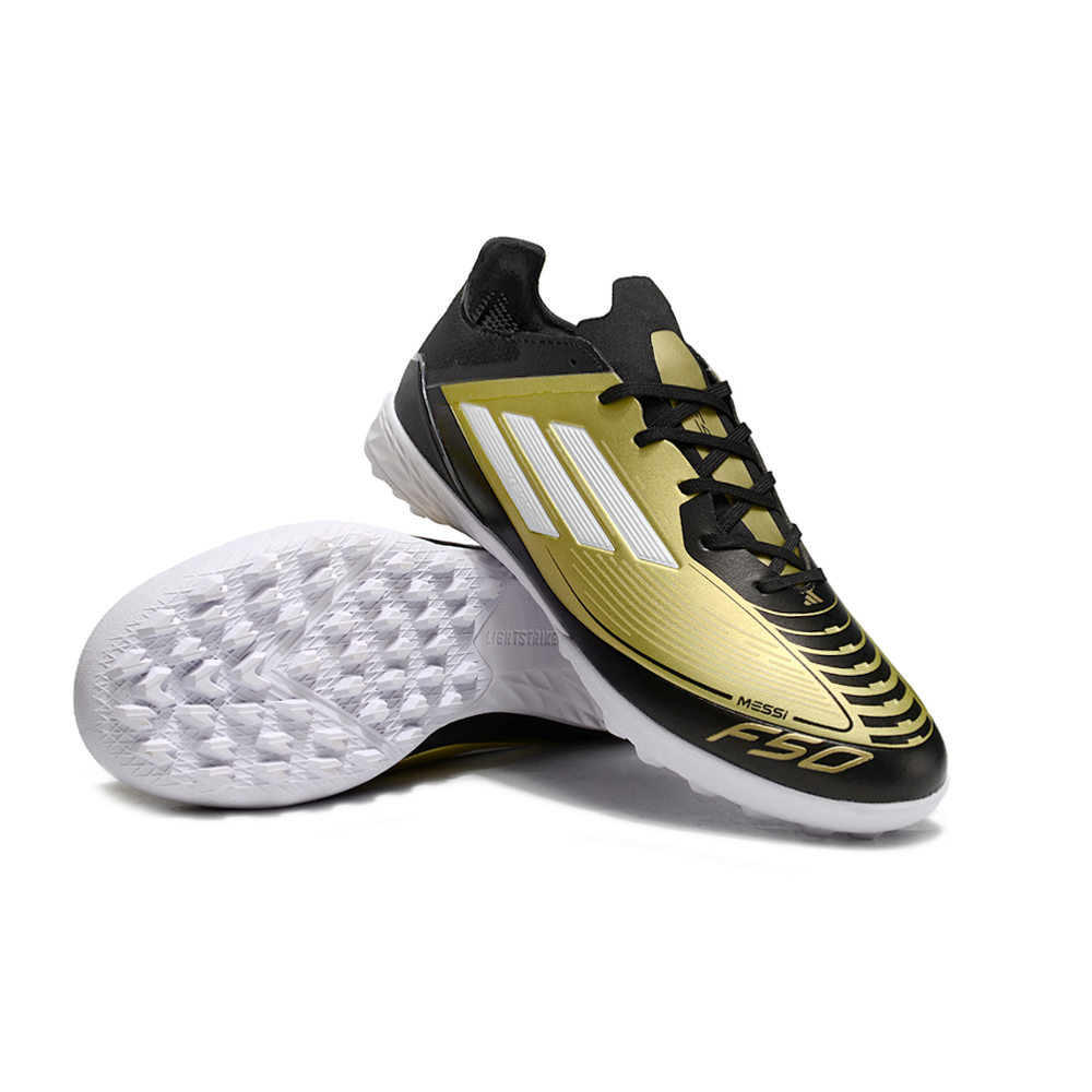 Chuteira Society Adidas F50 Messi TF Preto e Dourado 