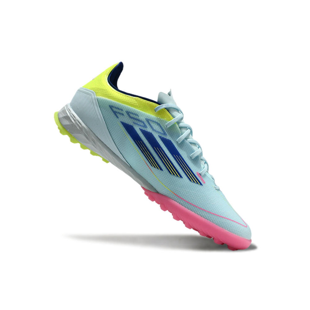 Chuteira Society Adidas F50 TF Azul, Rosa e Amarelo 