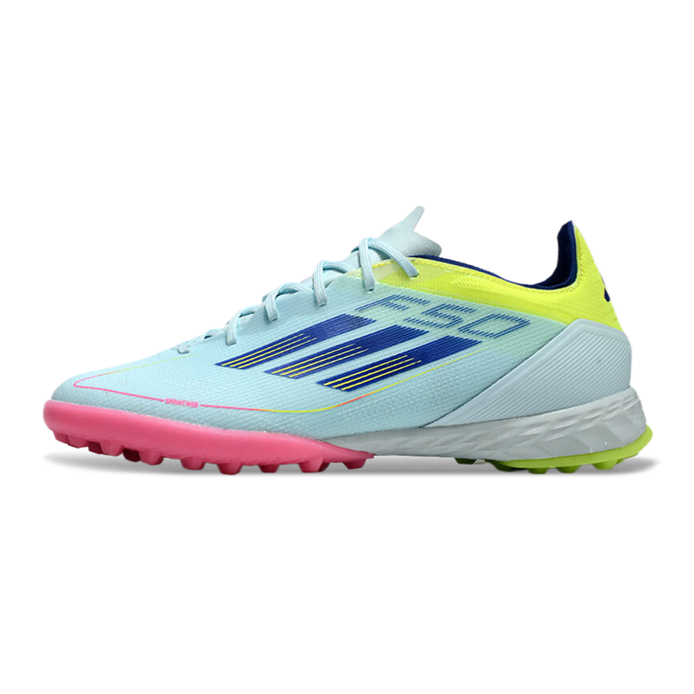Chuteira Society Adidas F50 TF Azul, Rosa e Amarelo 