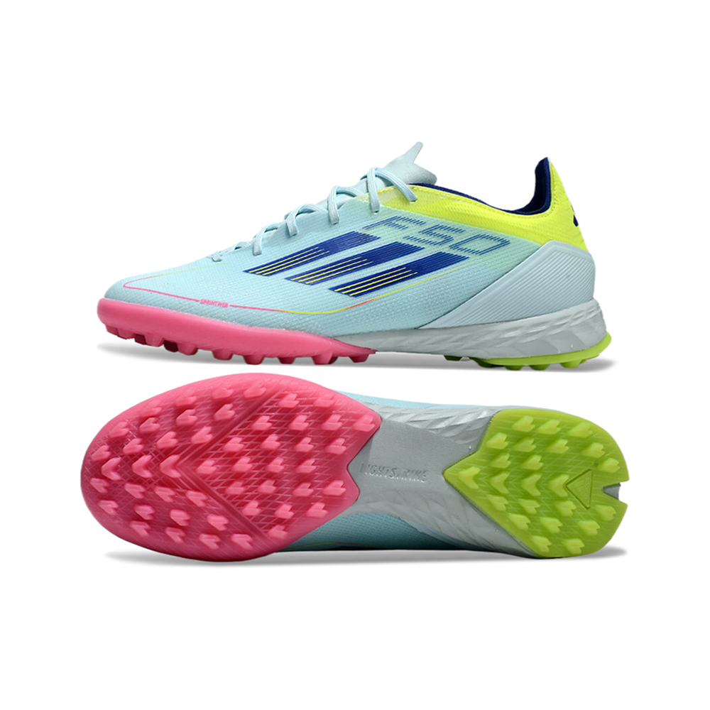 Chuteira Society Adidas F50 TF Azul, Rosa e Amarelo 
