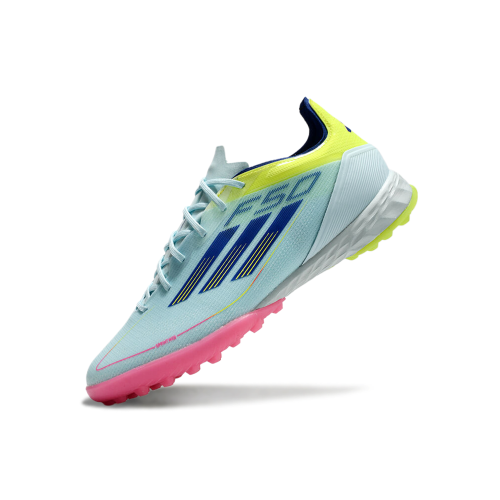 Chuteira Society Adidas F50 TF Azul, Rosa e Amarelo 