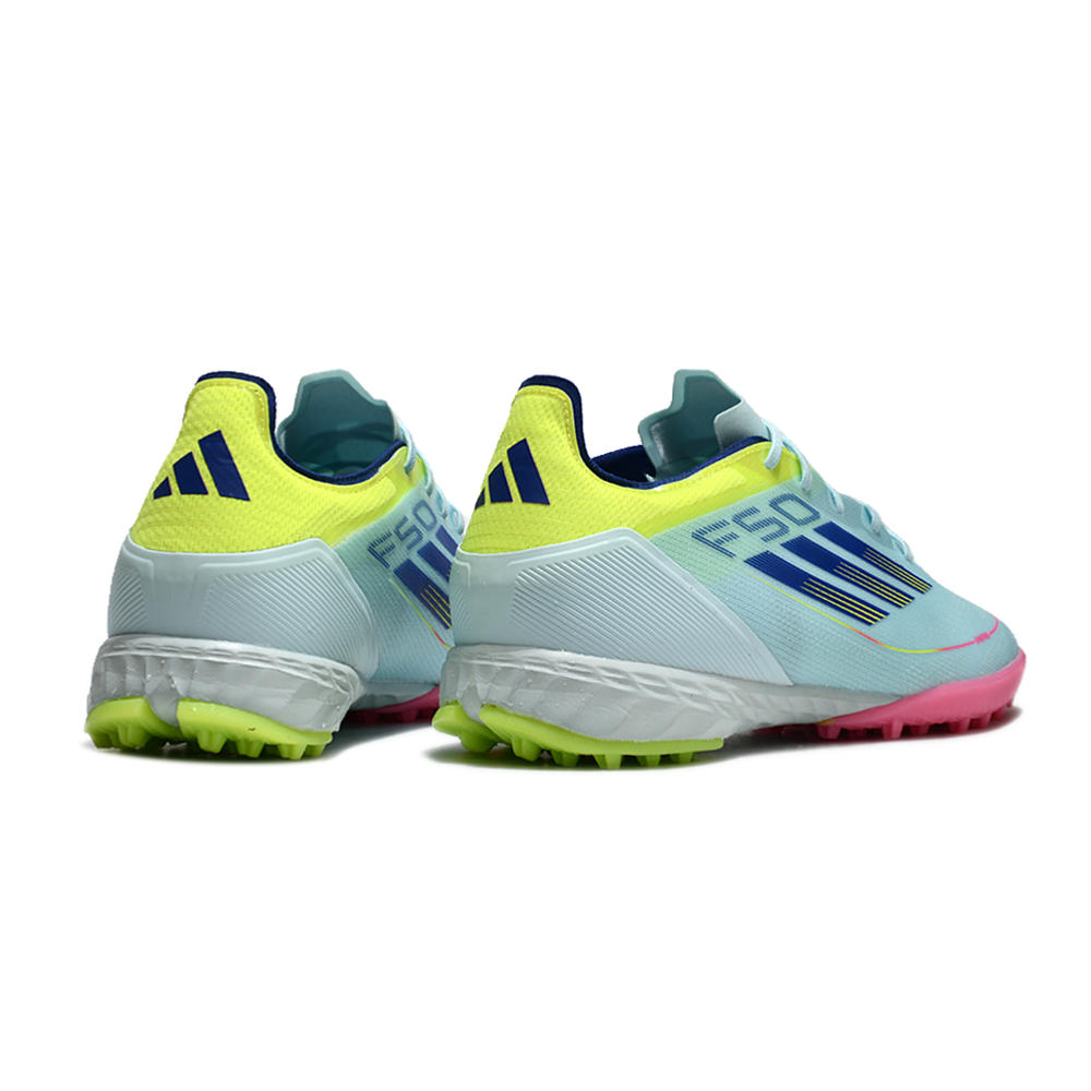 Chuteira Society Adidas F50 TF Azul, Rosa e Amarelo 