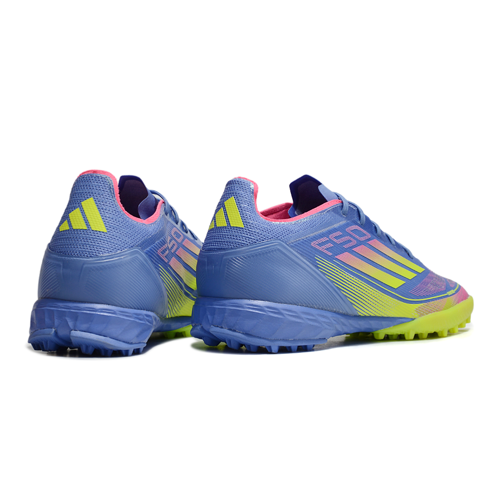 Chuteira Society Adidas F50 TF Azul, Verde e Rosa 