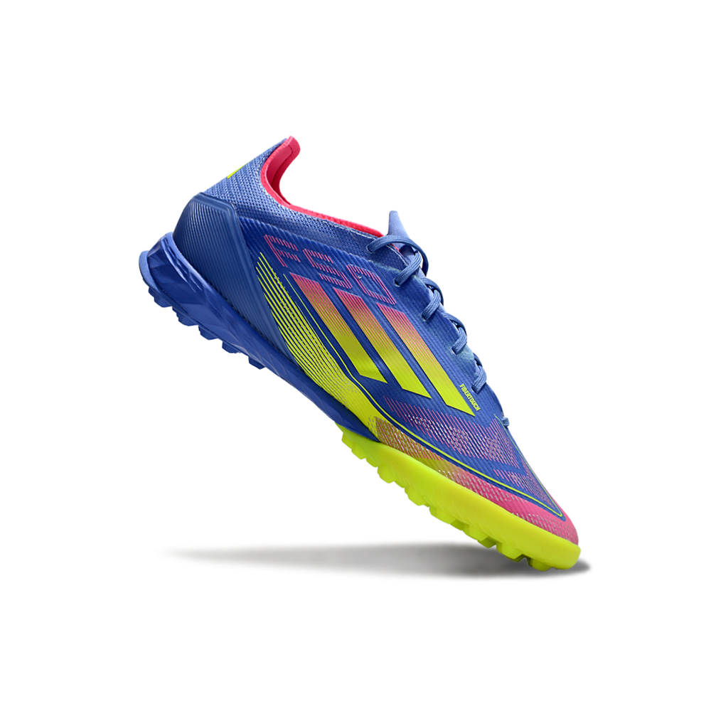 Chuteira Society Adidas F50 TF Azul, Verde e Rosa 