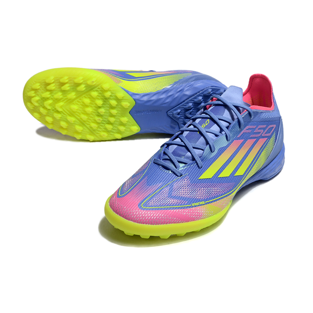 Chuteira Society Adidas F50 TF Azul, Verde e Rosa 