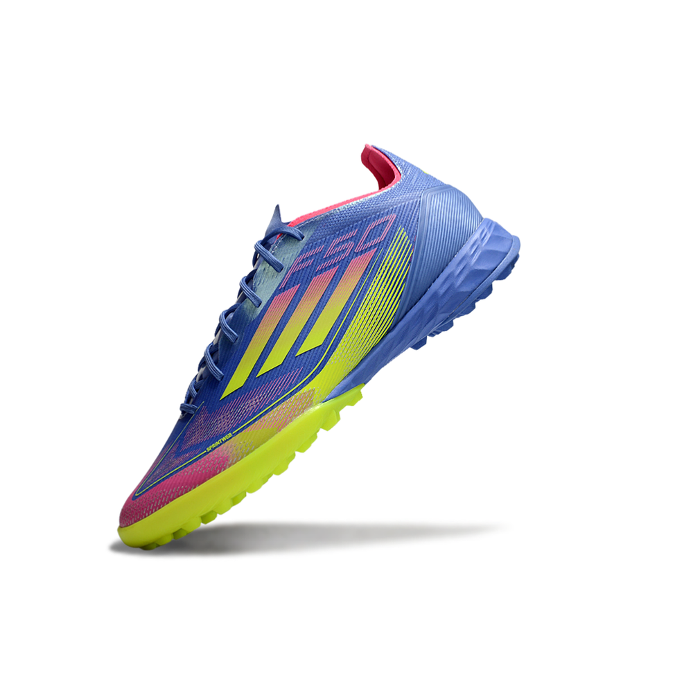 Chuteira Society Adidas F50 TF Azul, Verde e Rosa 