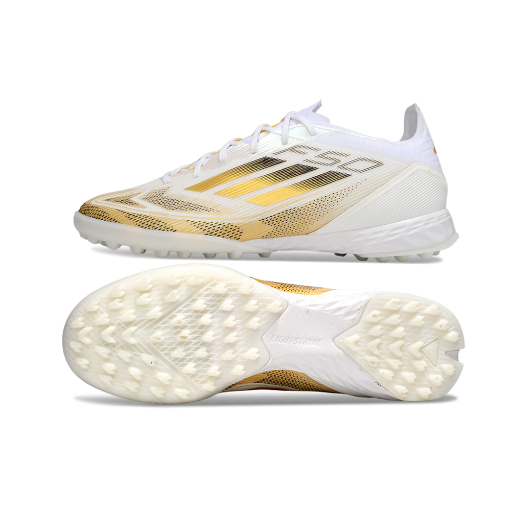 Chuteira Society Adidas F50 TF Branca e Dourada