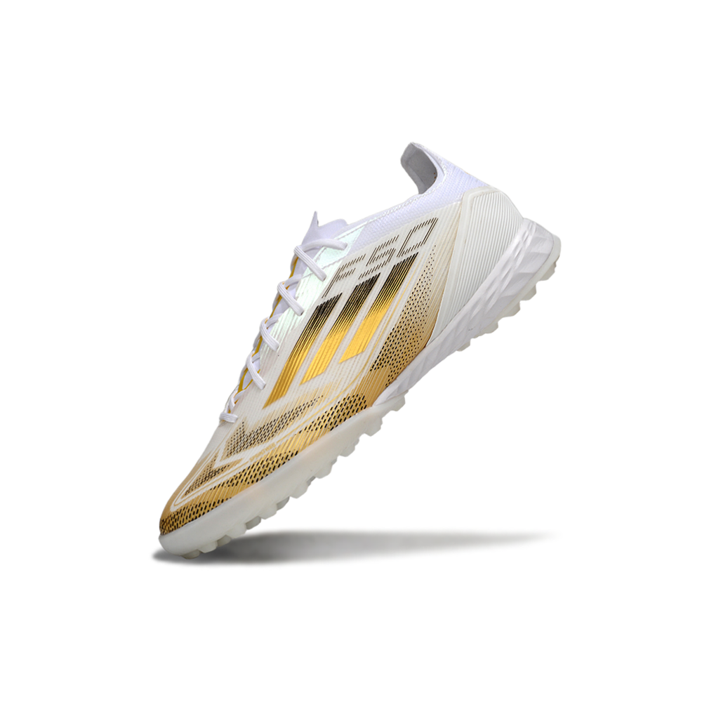 Chuteira Society Adidas F50 TF Branca e Dourada