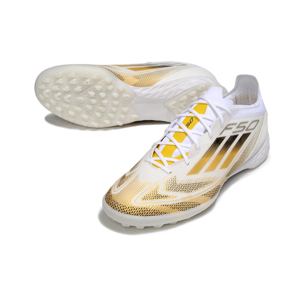 Chuteira Society Adidas F50 TF Branca e Dourada