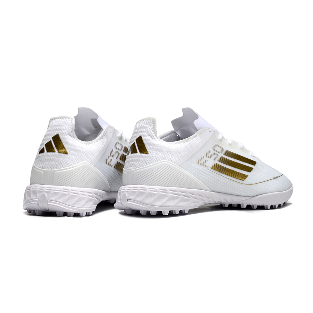 Chuteira Society Adidas F50 TF Branca e Dourado 